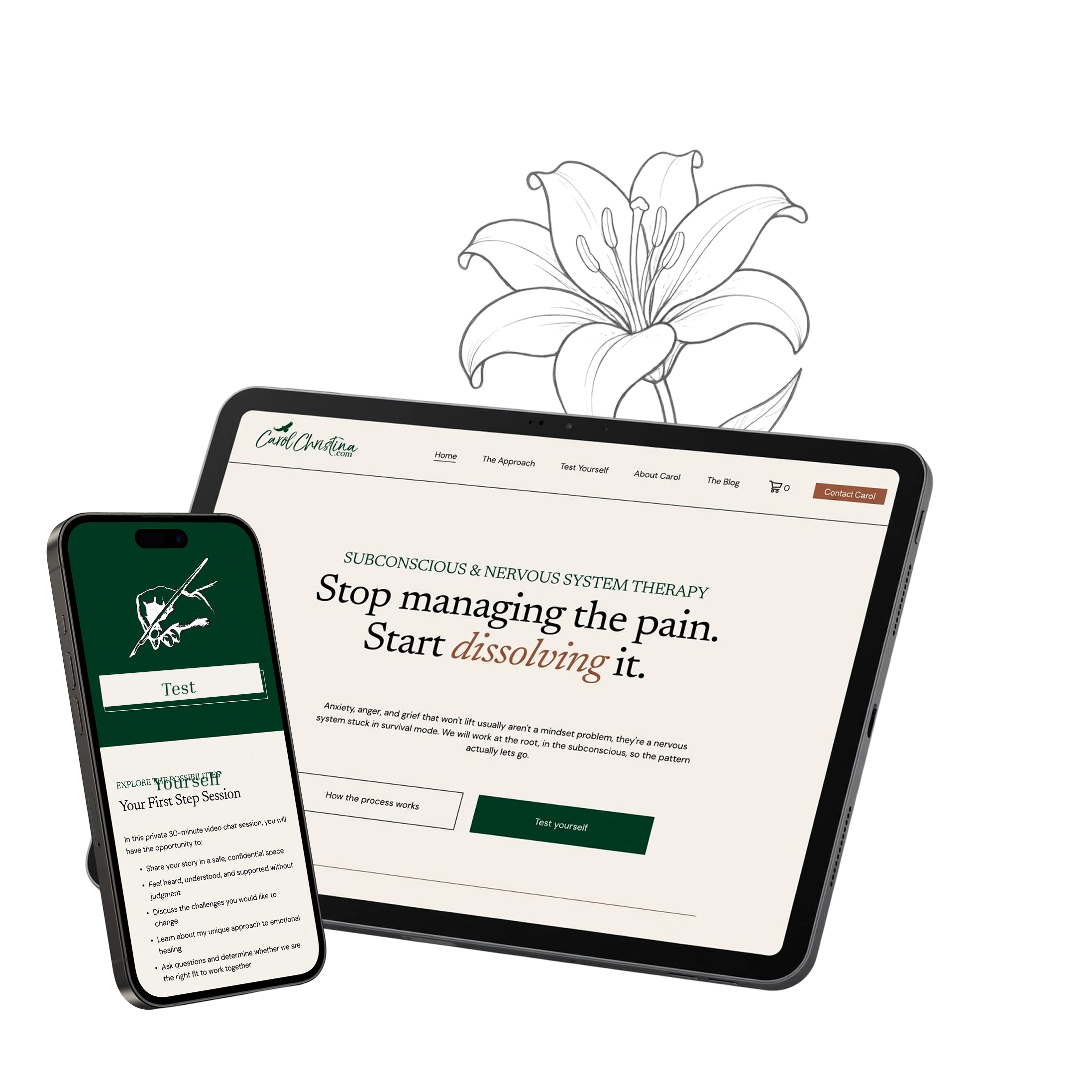Carol Christina’s redesigned website shown on a tablet and mobile phone
